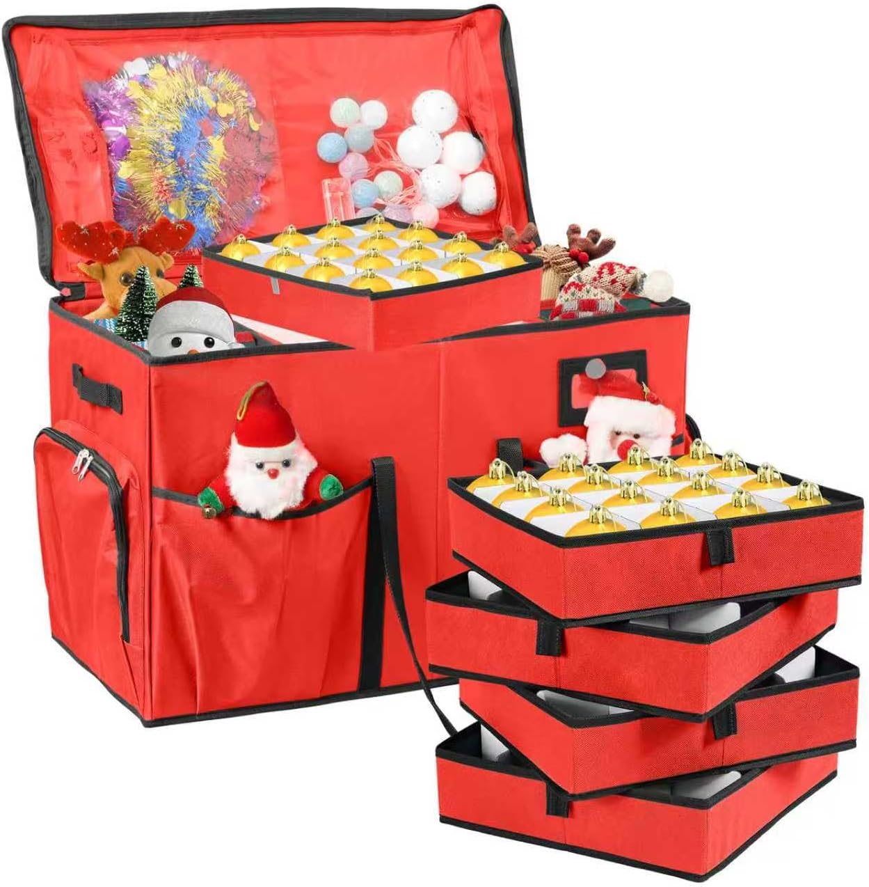 Christmas Ornament Storage Box,2-in-1 Christmas ornament organizer&Christmas Figurine Container,5 Trays,6 Adjustable Christmas Figurine Storage Grids,Red