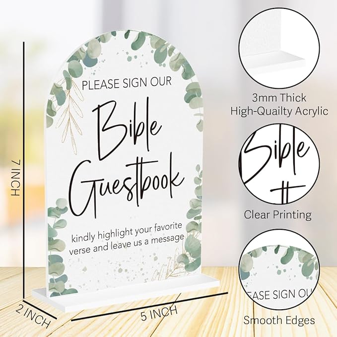 Boho Wedding Bible Guest Book Sign Our Bible Wedding Sign Acrylic Arch Wedding Bridal Baby Shower Welcome Table Signs for Ceremony and Reception Decor 7 x 5 Inches