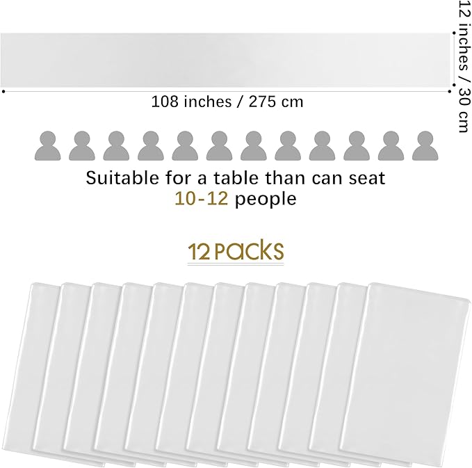Aneco 12 Pack Satin Table Runner 12 x 108 Inch White Long Wedding Satin Silk Table Runner for Wedding Banquet Graduations Birthday Party Decoration