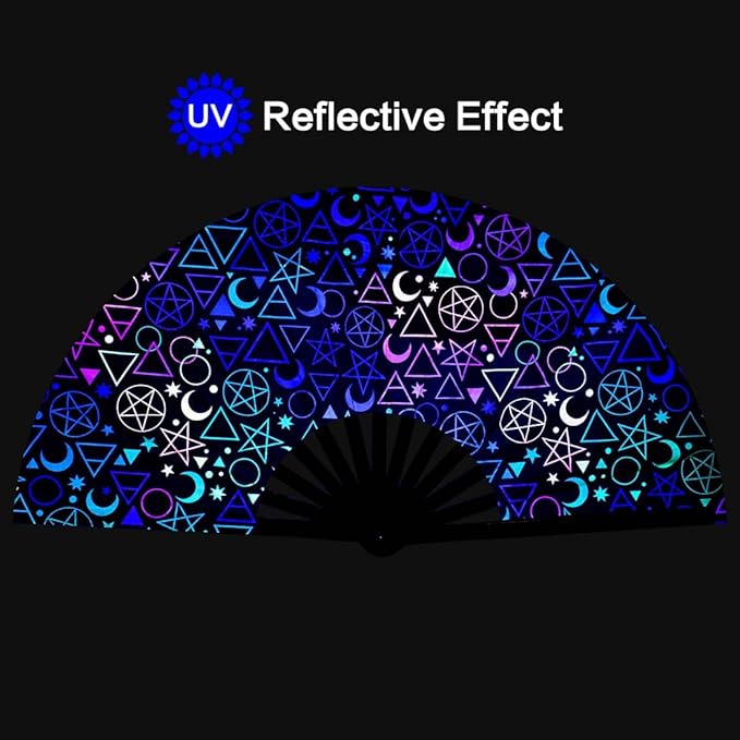 UV Glow Rave Fan, Bamboo Folding Clack Hand Fans Foldable for Men Women, Boots on the Ground Poping Fan for EDM Festival Line Dance Decoration, (Alchemical Signs, Large 13")