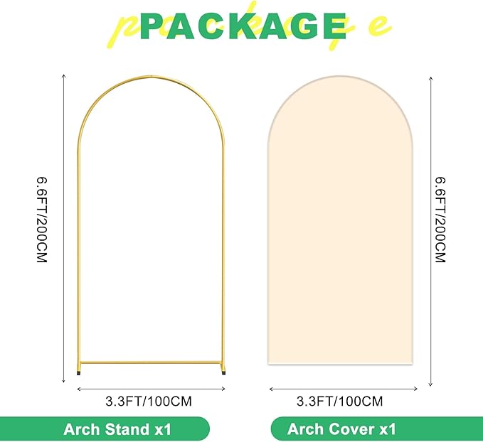 Metal Arch Backdrop Stand and Cover Set, 6.6FT Beige Reusable Spandex Fitted Backdrop Cover and Gold Wedding Arch Frame for Baby Shower, Birthday, Parties Decoration.