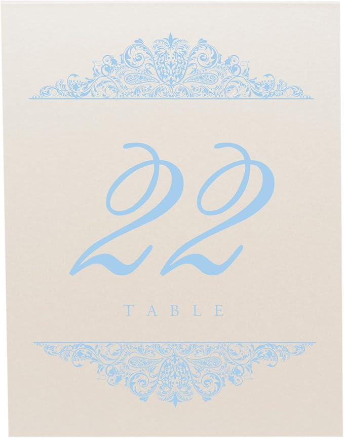 Paisley Wedding Table Numbers (Select Color/Quantity), Champagne, Light Blue, 1-15, Double Sided, Tent or Use in a Stand, Great for Parties & Restaurants - Made in the USA