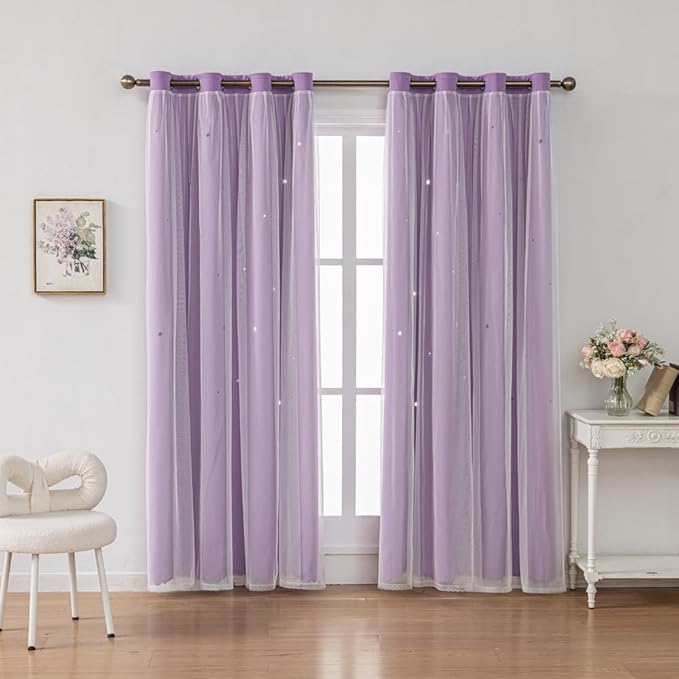 Ombre Rainbow Blackout Curtains for Kid Girls Bedroom Living Room Darking Stripe Double Layer Star Cut Out Wall Home Decor Gradient Grommet Window Curtains (Purple 84L)