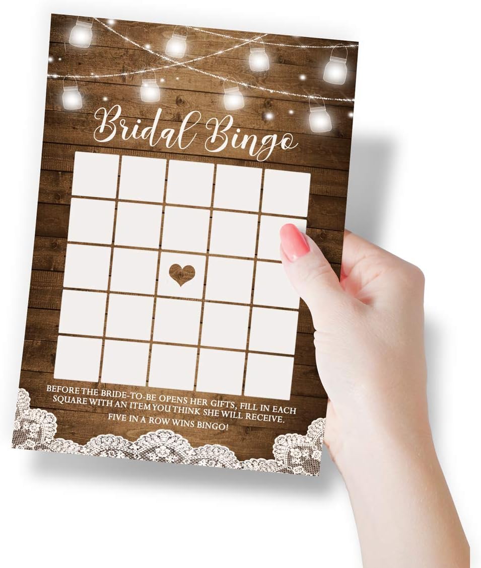 Printed Party Bridal Shower Game Set – 5 Fun Games and Activities for 50 Guests, Includes Bingo, Trivia, Guess How Many, and Advice Cards, Rustic Country Wedding Shower Games