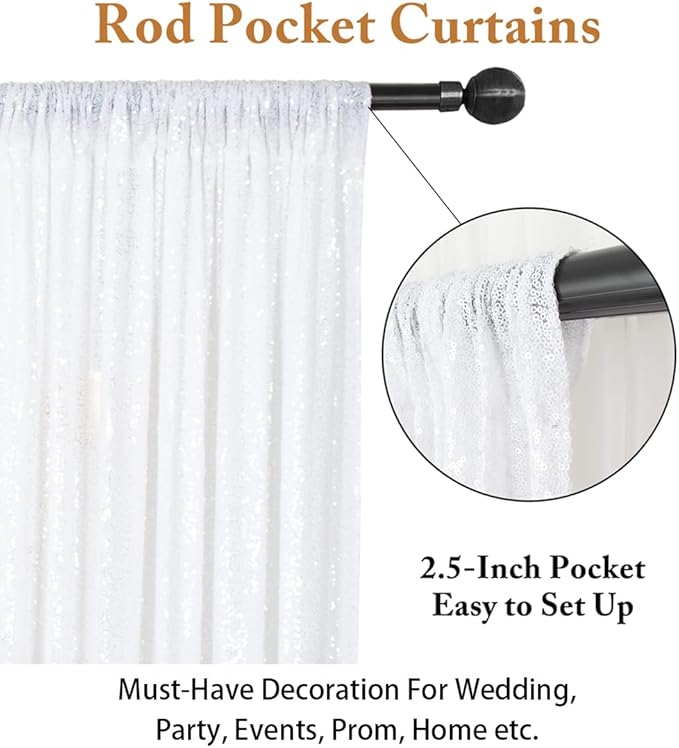 ShinyBeauty 2 Panels White Sequin Backdrop Curtain | 5Ft x 10Ft Glitter Wedding & Photography Background | Shimmer Curtains | Payette Sequin Fabric | Elegant & Durable Photo Backdrop