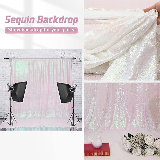 Eternal Beauty Sequin Backdrop Curtains, 2x8 Ft-2 Panels White Iridescent Back Drop for Shimmer Photography Party Wedding Birthday Decor