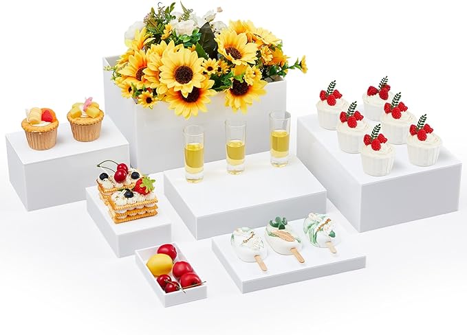 Leinuosen 7 Pcs Large Buffet Risers Set 6" to 12" Acrylic Display Box Catering Dessert Table Riser Food Display Decorative Stand with Hollow Bottom for Catering Supplies(White, Rectangle)