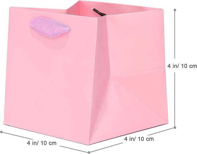 Pink Paper Gift Bag 4 in Paper Gift Box Small Square Bottom Kraft Paper Bags with Handles for Wedding Baby Shower Birthday Party (Pink, 4 x 4 x 4 in, 10 CT)