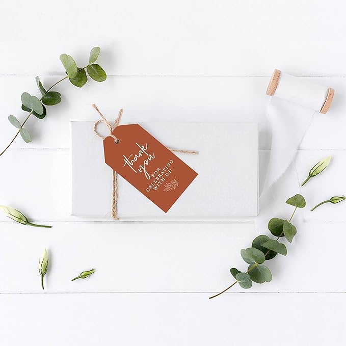 Andaz Press 100-Pack Thank You for Celebrating with Us Favor Tags Terracotta Cardstock Gift Tags with Bakers Twine for Wedding Baby Shower Bridal Shower Birthday Holiday Party Favors 2 x 3.75-Inches