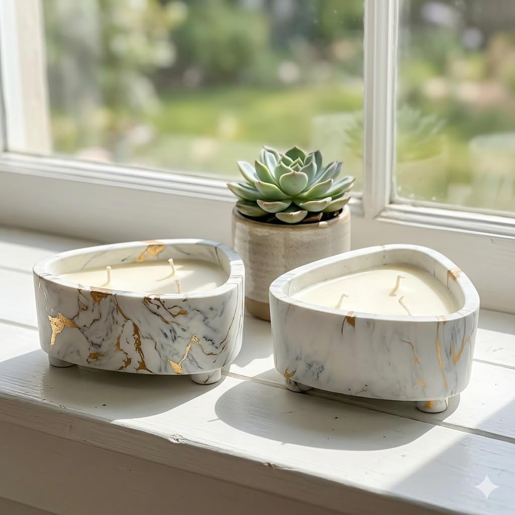Floral Scented Triangular Ceramic Candle Bowl - 15 Oz, White & Gold, Reusable by Aria Home