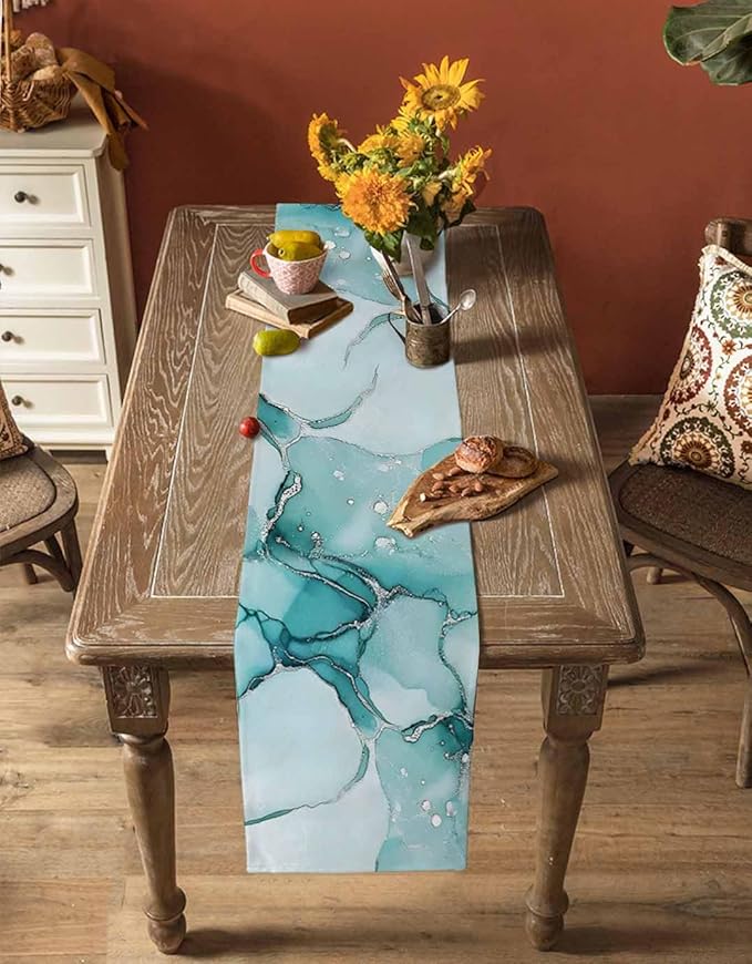 Turquoise Marble Cotton Linen Table Runner for Dining Kitchen, Wedding Outdoor Party Tablerunners Decoration, Nature Marble Crack Country Retro Dresser Scarf Coffee Tablecloth Runners 13x72 Inches