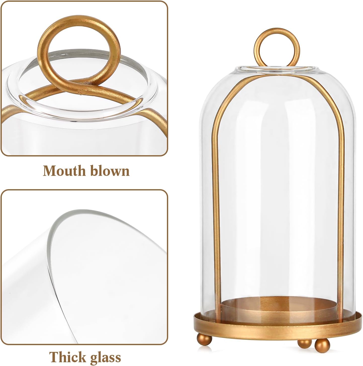 Vintage Brass Metal Candle Lantern with Thick Glass Dome – Set of 2 Shabby Chic Style Candle Holders (5.25"x10" & 4.5"x7.87") – Hanging or Tabletop Decor for Pillar Candles, Plants