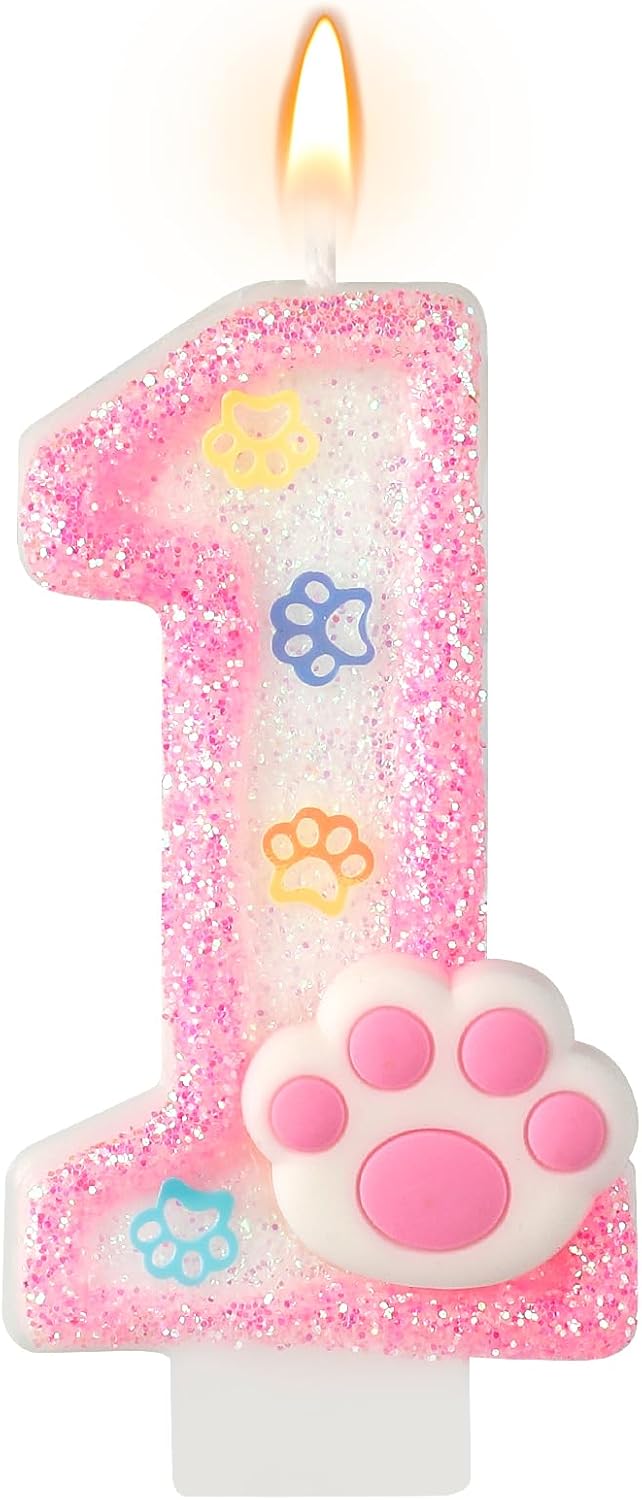 AKURIEEY Dog and Cat 1st Birthday Candle Pink Numbers 1 Candle Paw Cake Topper Cupcake Decorations for Pet Theme Party Decor Anniversary Celebrations Supplies