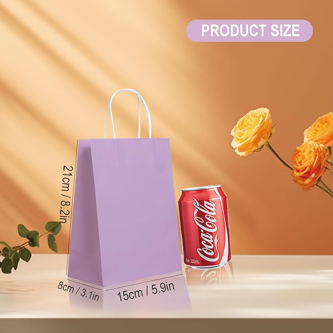 BAG BOX 25 Pack Small 5.9x3.1x8.25 Inch Purple Kraft Paper Gift Bags with Handles for Bulk Shopping, Retail, Craft, Party Favors, Wedding, Grocery & Sacks
