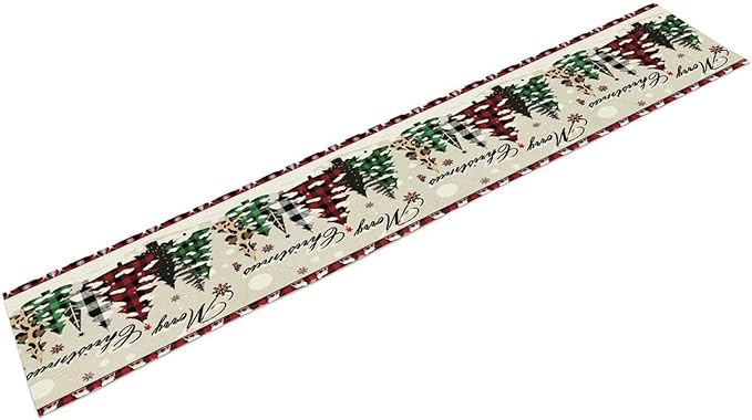 Christmas Tree Table Runner,Farmhouse Xmas Trees Buffalo Plaid Winter Snowflake Tablecloth Burlap for Hotel Indoors Outdoor Dining Room Kitchen Home Decor,W13X L90 in