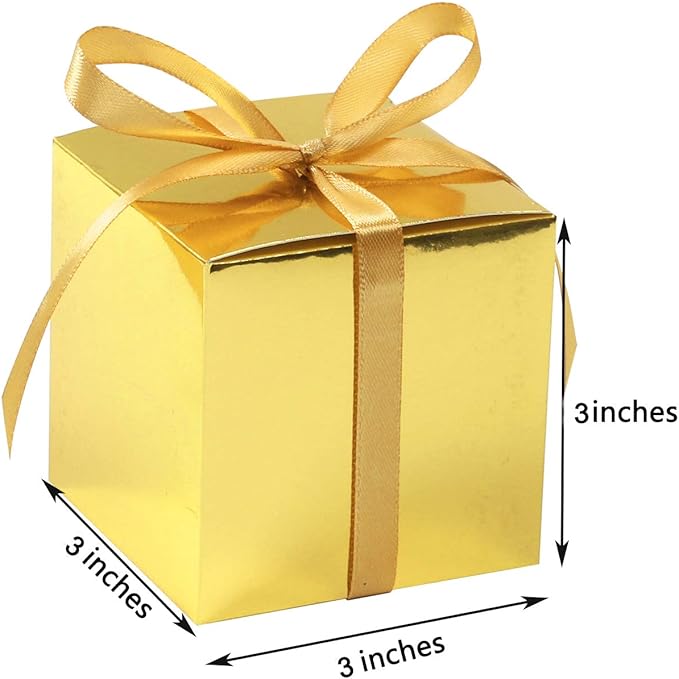 COTOPHER 60pcs Wedding Favor Boxes, Paper Gift Boxes 3x3x3 Inches Small Gift Boxes with Ribbons Small Boxes for Gifts, Crafting, Cupcake, Candy, Bridesmaid Proposal Boxes (Metallic Gold)