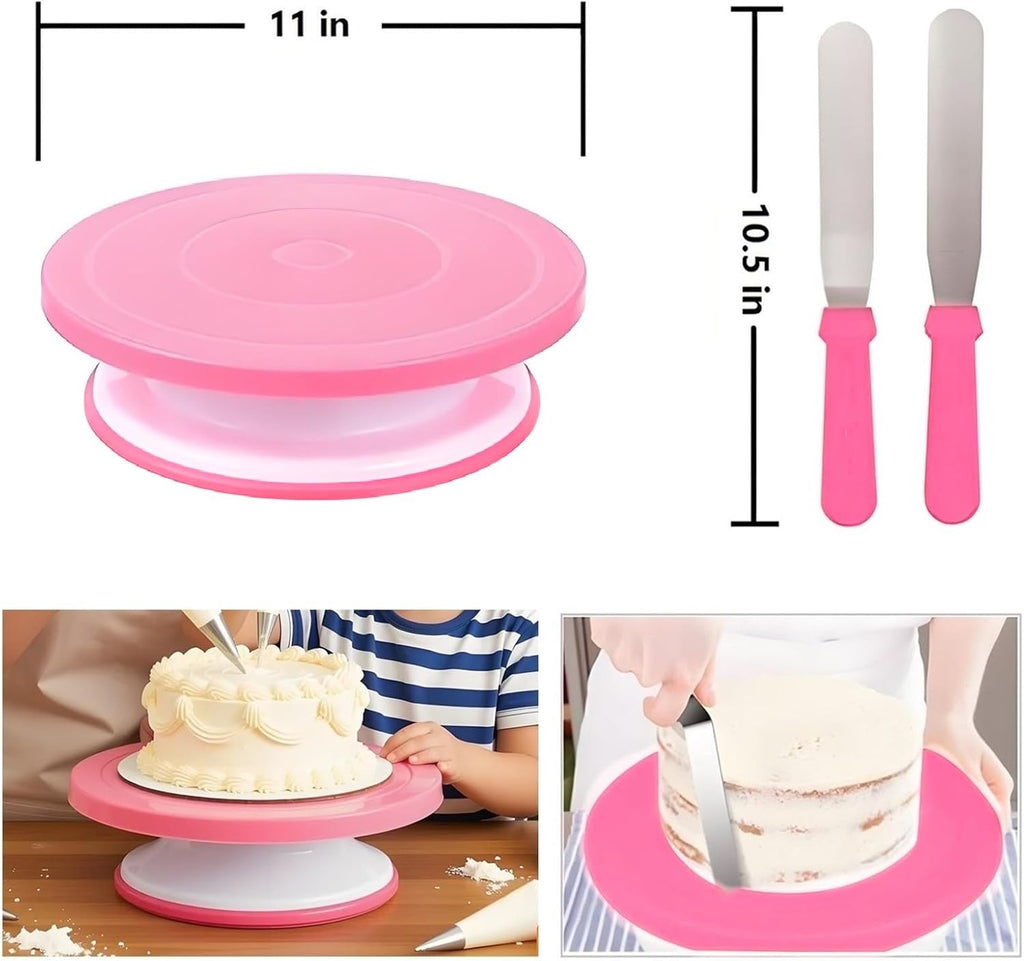 Cake Decorating Kit, 390 Pcs Baking Supplies (Pink) | Cake Turntable, Leveler, 55 Numbered Icing+Skirt Tips, 2 Spatulas, 3 Scrapers, 100 Pastry Bags,150 Cupcake Liners & More