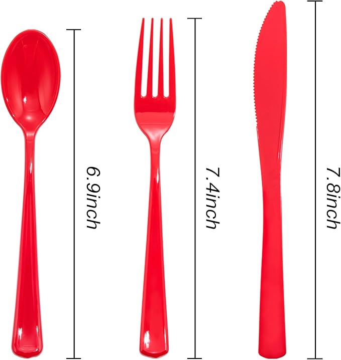 WDF 160 Piece Heavy Duty Silverware - Red Plastic Utensils with 80 Forks, 40 Spoons, 40 Knives - Perfect for Christmas Parties & Daily Use