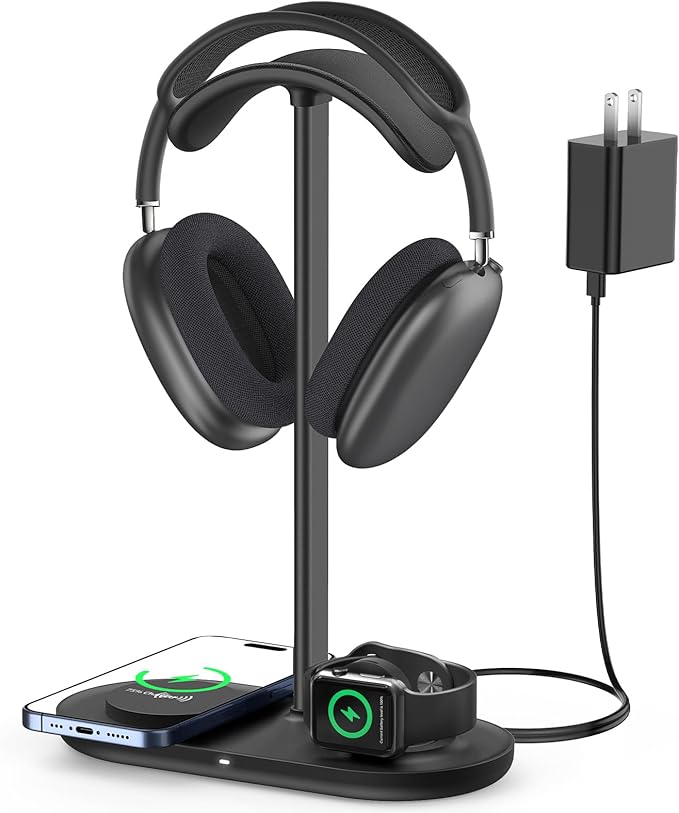HiWe Universal Headphone Stand, Magnetic Wireless Charger for iPhones/AirPods/iWatch, Aluminum Alloy Rod, Leather Pad, ABS Solid Base, Black