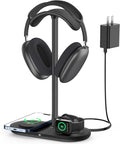 HiWe Universal Headphone Stand, Magnetic Wireless Charger for iPhones/AirPods/iWatch, Aluminum Alloy Rod, Leather Pad, ABS Solid Base, Black
