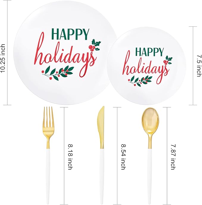 Supernal 150pcs Easter Plastic Dinnerware with Plastic Plates,White and Gold Silverware, Easter Disposable Party Plates with "Happy Holiday" Design for Festival Gatherings