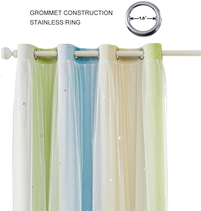 FANLI Ombre Rainbow Blackout Curtains for Kid Girls Bedroom Living Room Darking Stripe Double Layer Star Cut Out Wall Home Decor Gradient Grommet Window Curtains （Blue Green 52Wx95L）