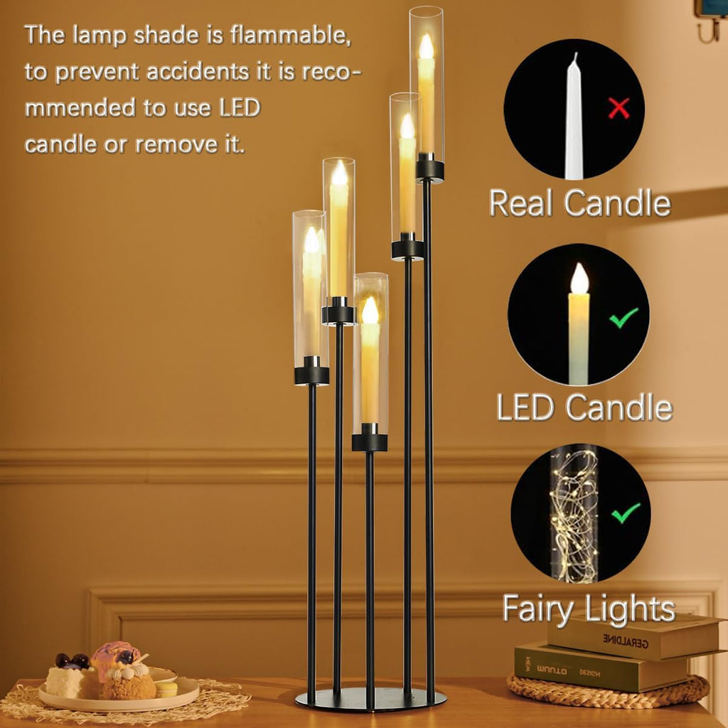 39.8''Matte Black Candle Holder with Acrylic Shades Tall 5 Arm Candelabra Black Table Centerpiece for Wedding Living Dining Room Fireplace Decoration Fit 0.98''LED Taper Candle