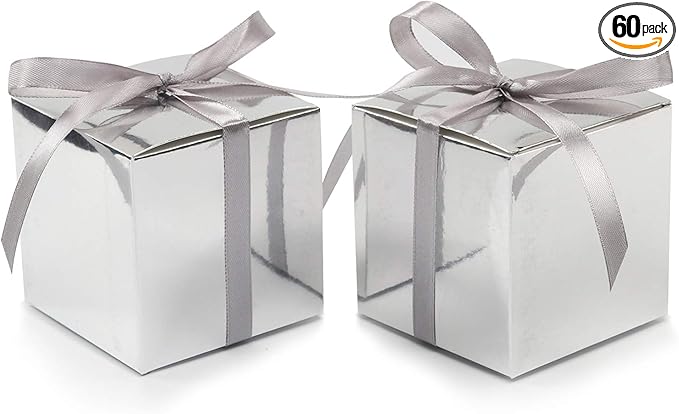 COTOPHER 60pcs Wedding Favor Boxes, Paper Gift Boxes 3x3x3 Inches Small Gift Boxes with Ribbons Small Boxes for Gifts, Crafting, Cupcake, Candy, Bridesmaid Proposal Boxes (Metallic Silver)