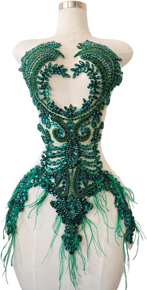 Handsewing Beads Trim Patches Rhinestones Bodice Applique with Ostrich Fur De...