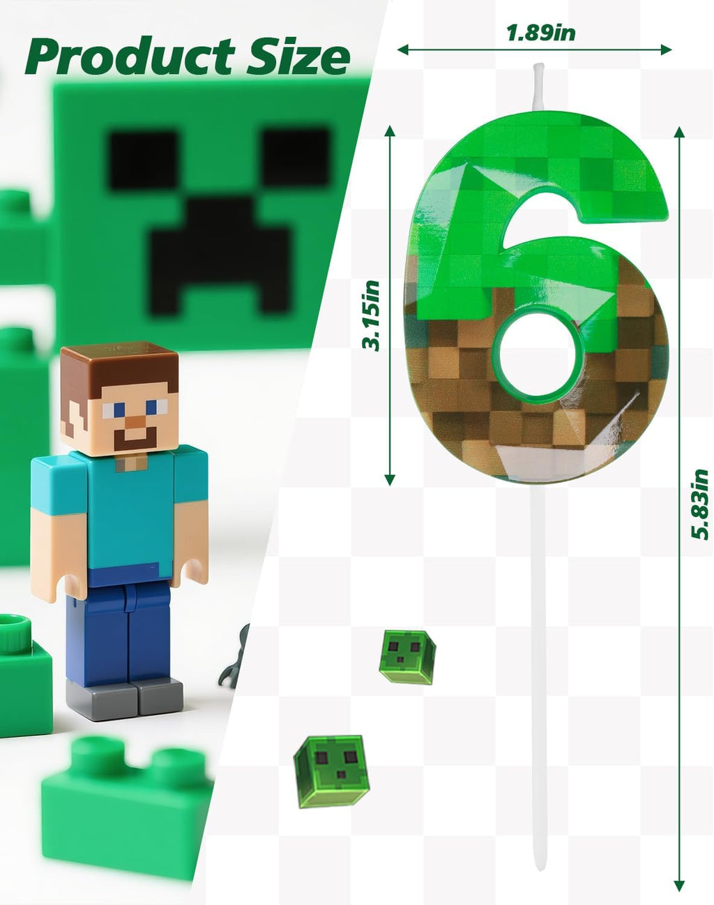 Pixel Birthday Candle, 2.68 Inch Miner Number Candles, Game Themed Candle Birthday Decoration for Pixel Theme Birthday Anniversary Dynamite Video Game Party (Green, 6)
