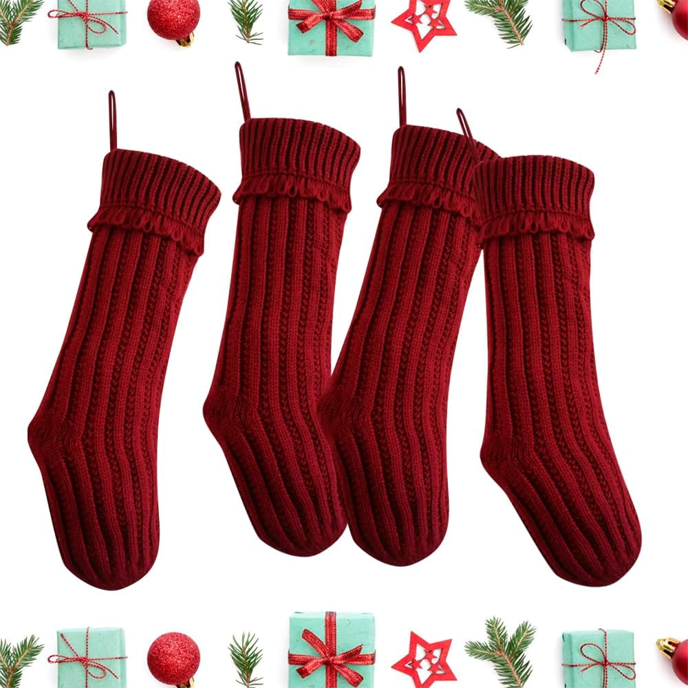 4 Pack Knit Christmas Stockings, 18 In Large Cable Knitted Xmas Stocking for Holiday Christmas Party Family Décor, Burgundy