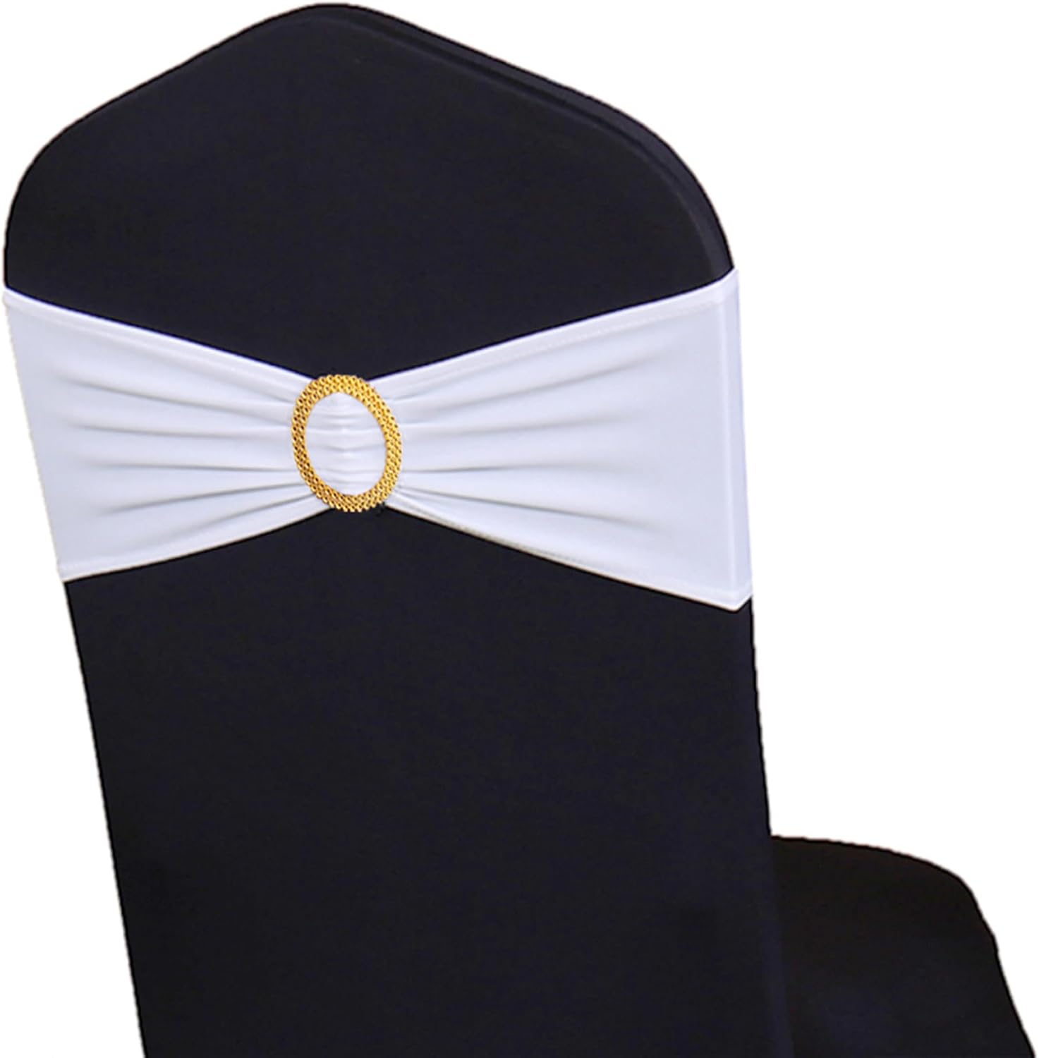 Pack of 50 Spandex White Chair Sashes with Gold Buckles, Stretch Chairs Sashes for Wedding Party Baby Shower Ceremony Event Decorations Chair Bands Bows (White Sashes, Gold Buckles)
