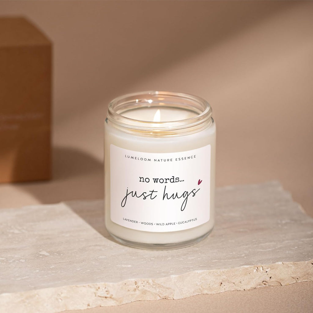 LUMELOOM Sympathy Gifts for Loss of Loved One, Memorial Gifts - 9oz Lavender Scented Soy Wax Candle - No Words Just Hugs, Bereavement, Grief, Think of You, Miscarriage, Get Well Candle for Women