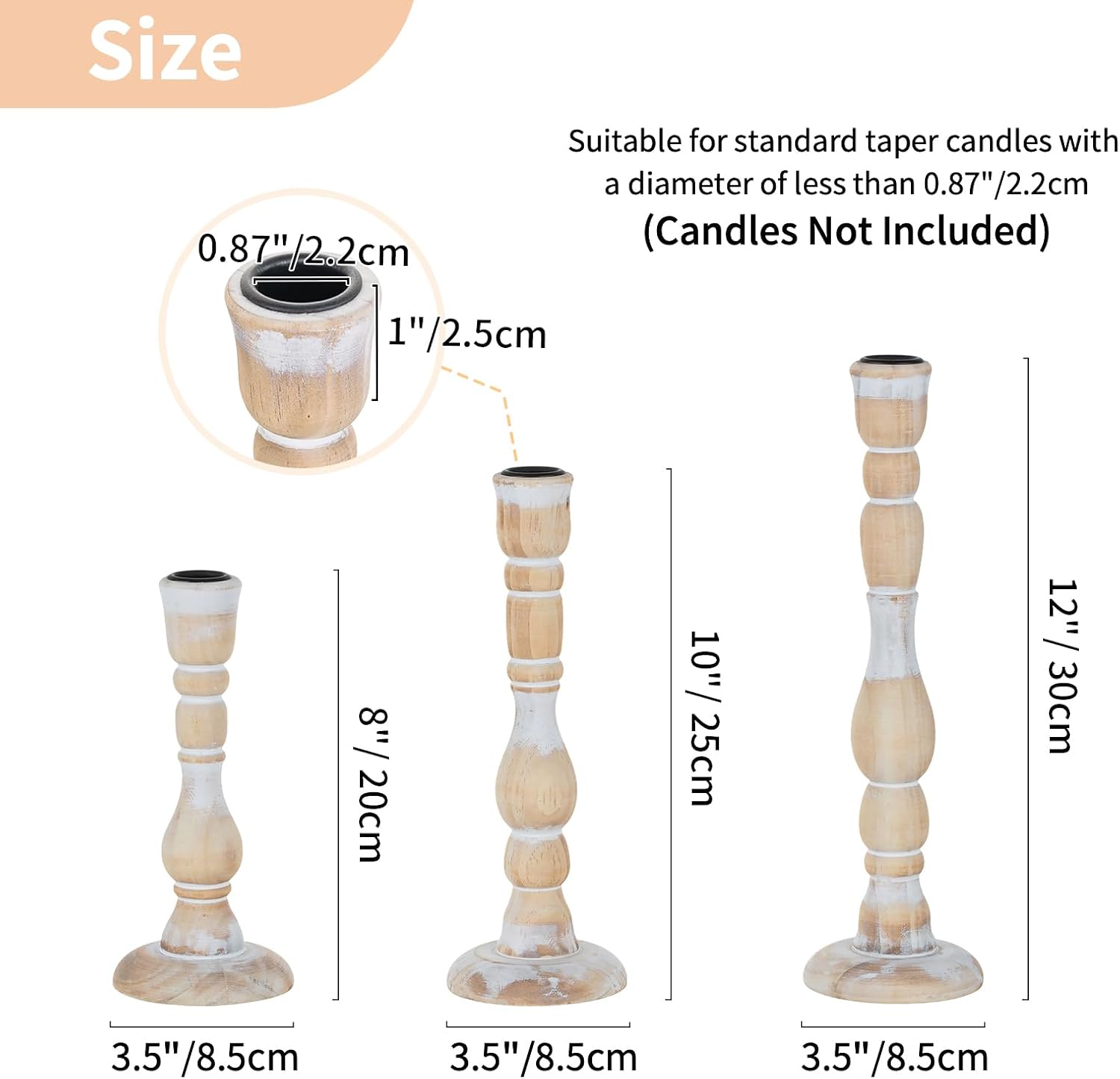 NUPTIO Tall Wooden Candle Stick Holders, Set of 3, Whitewashed | Vintage Farmhouse Boho Style, Rustic Wood Finish, Natural Solid Pine Wood, for Christmas Mantels, Gift Giving