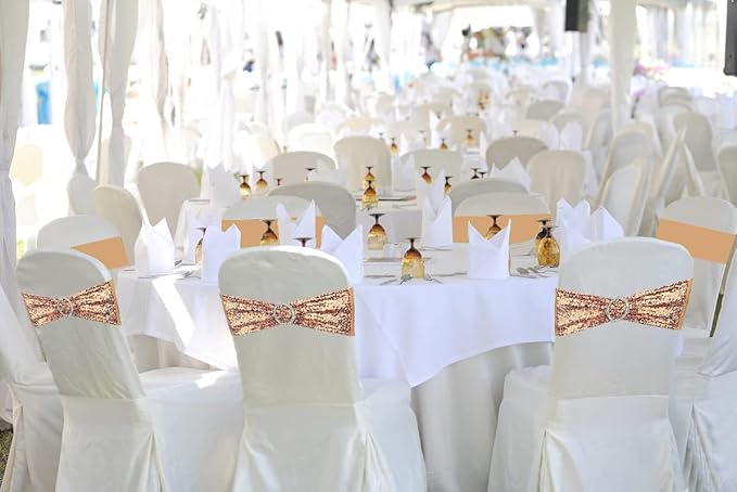100 Pcs Chair Sashes Sequin Stretch Chair Bands Spandex Polyester Bows for Party Hotel Wedding Banquets Decoration - Rose Gold