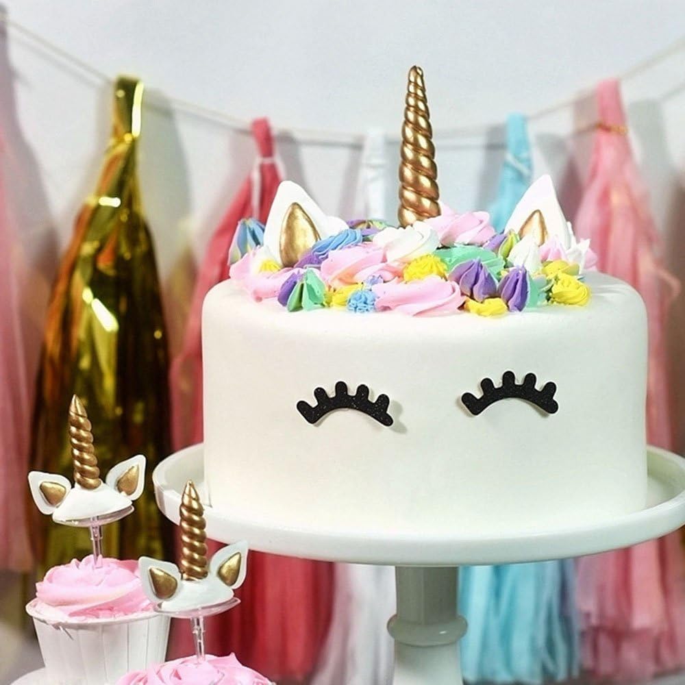 Unicorn Cake Topper, Reusable Gold Unicorn Horn, Ears and Eyelashes Party Cake Decoration Value Set for Unicorn Party Decoration for Baby Shower, Wedding and Birthday Party(Set of 5)