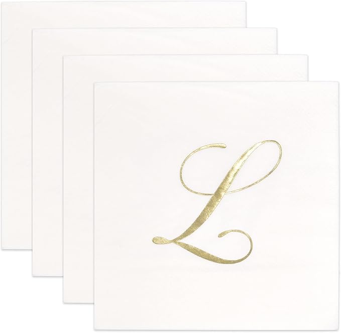 Gift Boutique 100 Gold Monogram Cocktail Napkins Letter L Disposable Paper Pack Elegant Metallic Golden Foil Hand Napkin for Powder Room Wedding Holiday Birthday Party Baby Shower Decorative Towels