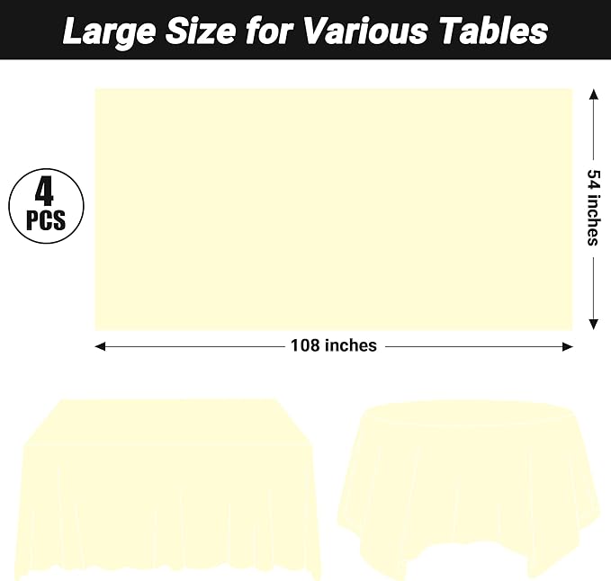 QZYL 4 PCS Picnic Table Cover, 54 x 108 Inches Plastic Disposable Tablecloth, Ivory Smooth Rectangle Tablecloth, Indoor or Outdoor Parties Birthdays Wedding Decor, Leakproof and Waterproof