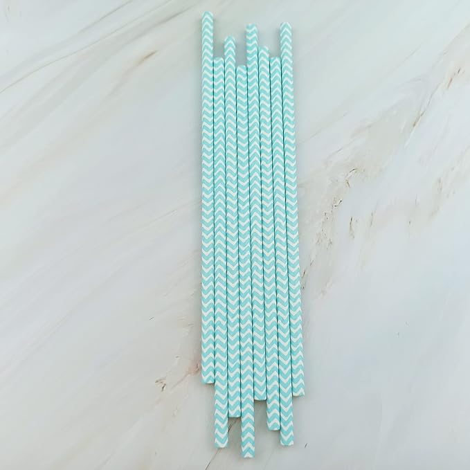 YAOSHENG Premium Disposable Waves Striped Drinking Paper Straws, Pack 100 Light Blue Waves Paper Straws for Cocktail Party Supplies,Birthday,Bridal/Baby Shower,Juice,Shakes (Light Blue Waves)