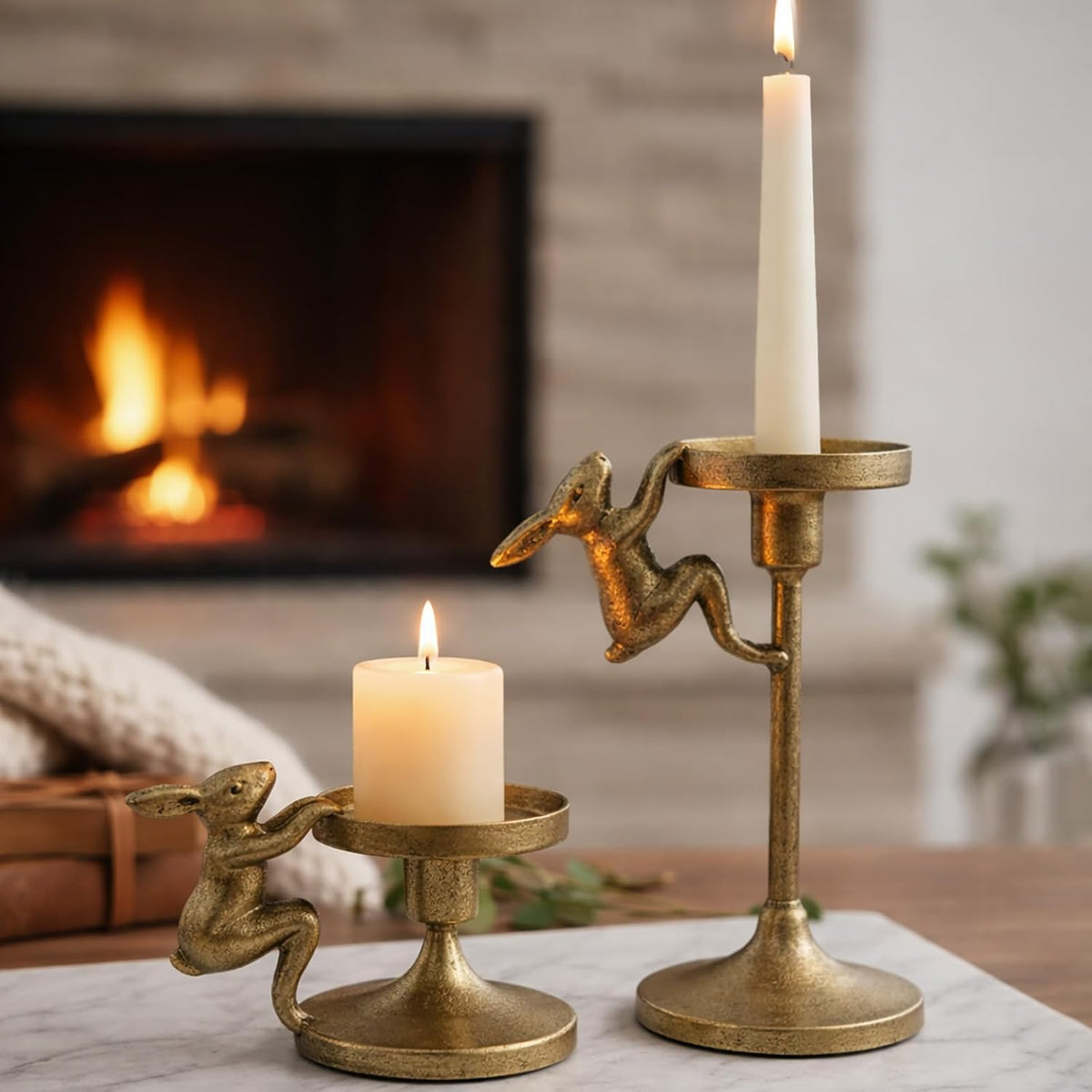 Set of 2 Cast Iron Climbing Bunny Candle Holders, Vintage Heavy-Duty Decorative Stands for 7/8" Taper Candlesticks and 3" Pillar Candles, Lively Easter & Spring Mantel Decor (Antique Brass)