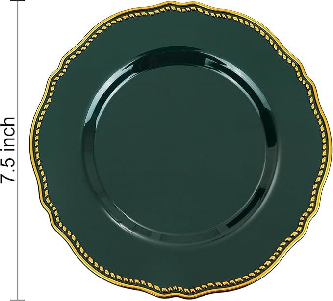 Hioasis 60pcs Green Plastic Plates - Green and Gold Disposable Dinnerware with Gold Rim, Heavy-duty, 7.5 inch, Dessert Plates for Party & Wedding