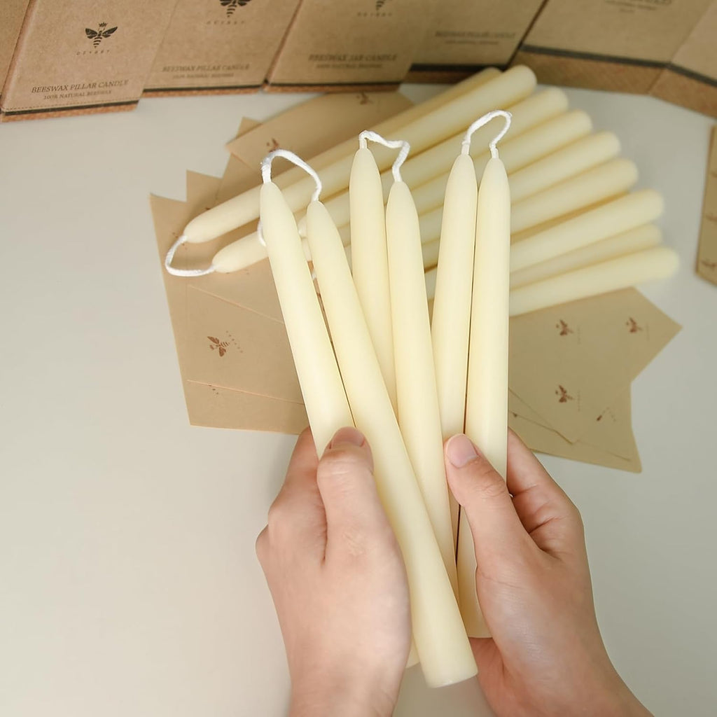 DEYBBY 8 inch Natural White Beeswax Taper Candles Set of 6, Smokeless and Dripless Pure Organic Beeswax Candles Bulk for Anniversary Wedding Dinner Home Decor Emergency Housewarming Gift, 6-7Hrs Burn