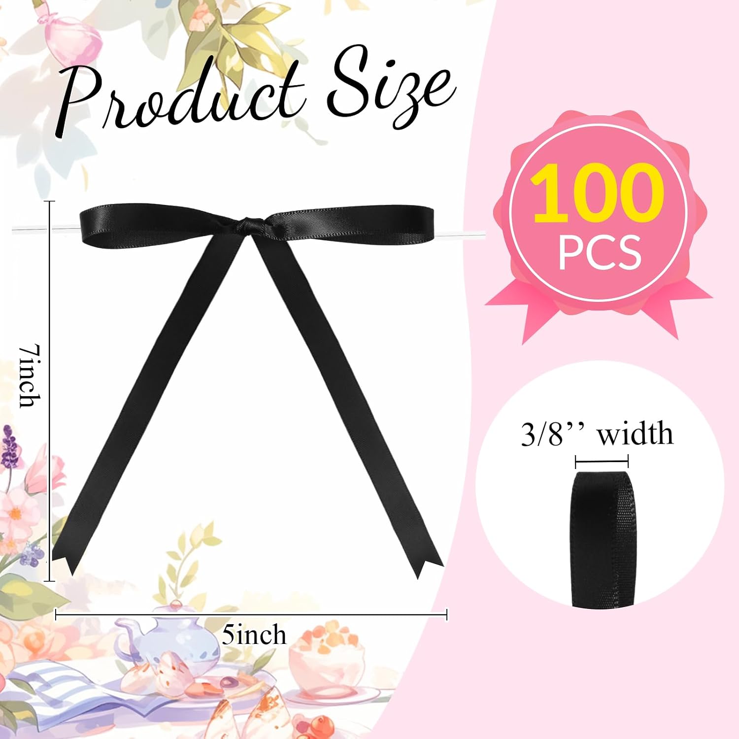 Riceshoot 100 Pcs Twist Tie Bows Bulk 5x7 Inch Satin Ribbon Bows for Gift Wrapping Cake Treat Bags Craft DIY Wedding Baby Shower Birthday Party(Black)