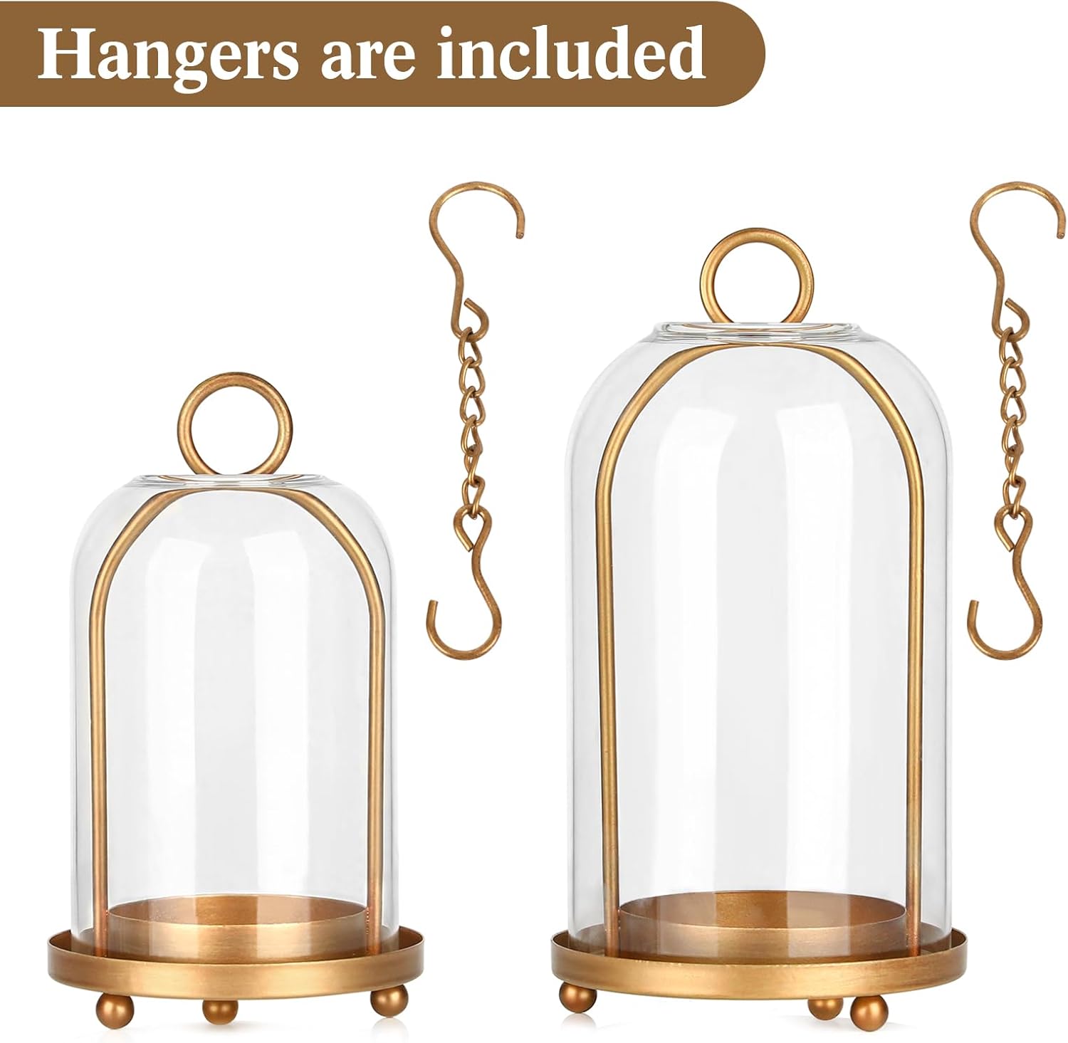 Vintage Brass Metal Candle Lantern with Thick Glass Dome – Set of 2 Shabby Chic Style Candle Holders (5.25"x10" & 4.5"x7.87") – Hanging or Tabletop Decor for Pillar Candles, Plants