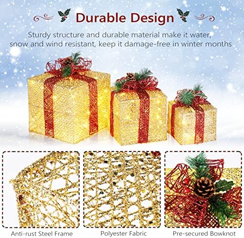vingli christmas lighted gift boxes set of 3, close-up detail