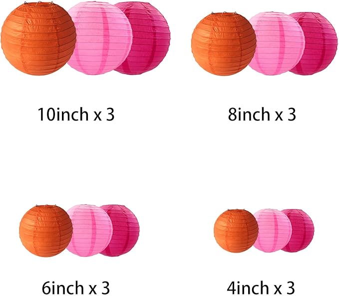 Rose Red Pink Orange Paper Lanterns Decorative, Chinese/Japanese Hanging Round Paper Lanterns Decorations for Wedding, Graduation, Bachelorette, Thanksgiving, Birthday (12 PCS)