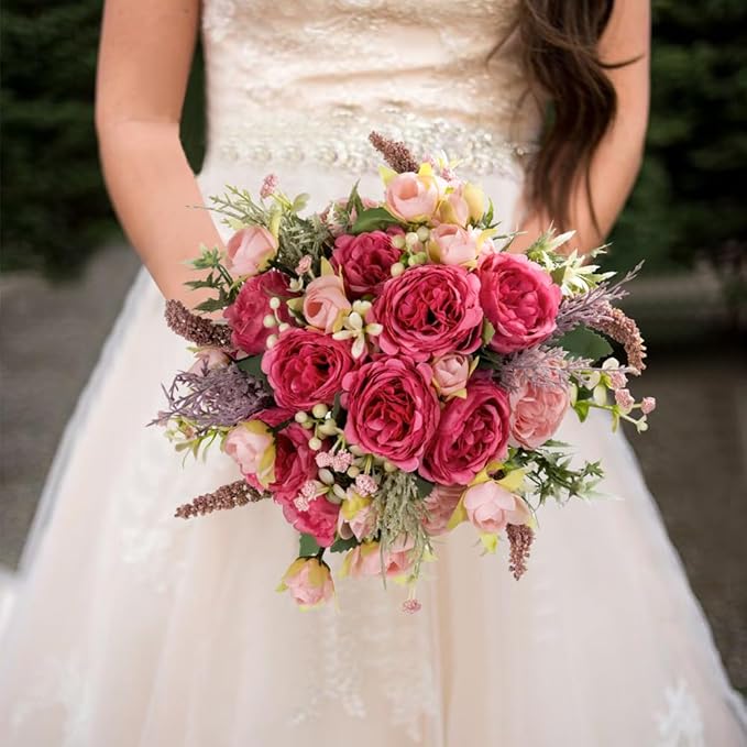 Artificial Peonies Silk Flowers Bouquet in Glass Vase Faux Flowers Bouquets Modern Penoy Arrangement for Home Decoration Table Centerpiece (Bouquet-Rose Red)