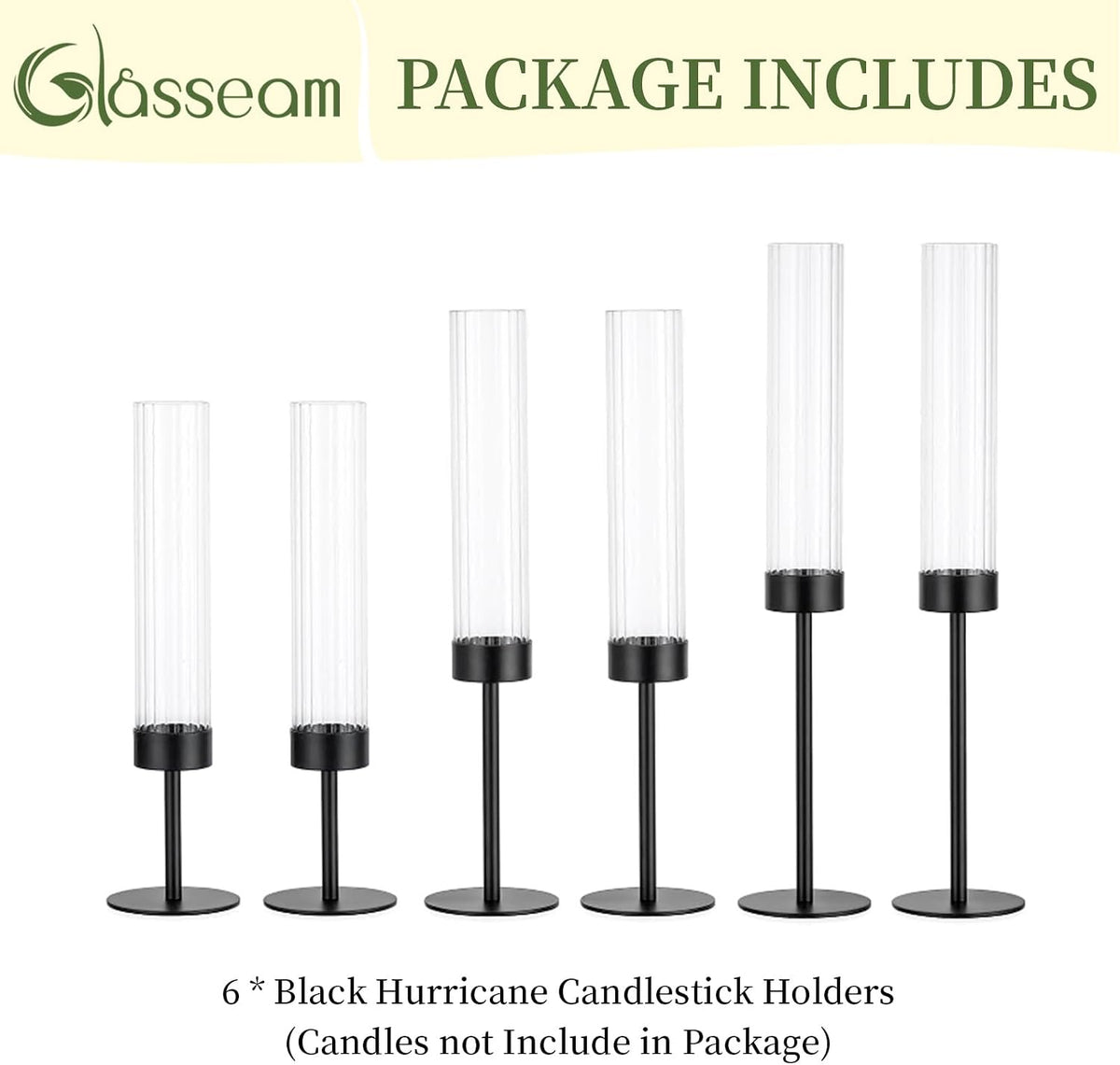 Glasseam Black Candlestick Holders, 6Pcs Fluted Glass Hurricane with Taper