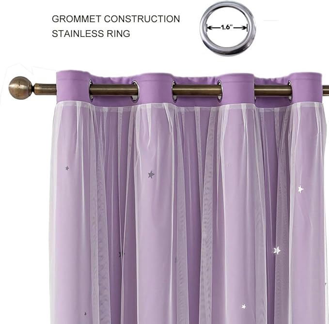 Ombre Rainbow Blackout Curtains for Kid Girls Bedroom Living Room Darking Stripe Double Layer Star Cut Out Wall Home Decor Gradient Grommet Window Curtains (Purple 63L)