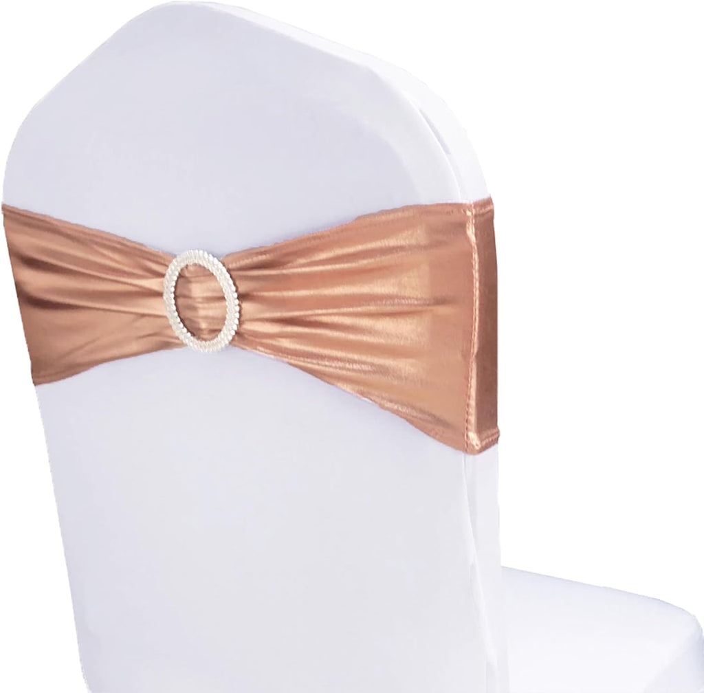 Spandex Rose Gold Chair Sashes Bows 100 Pack Pink Gold Chair Bands with Buckle for Wedding Birthday Party Bridal Shower Anniversary Engagement Events Decorations